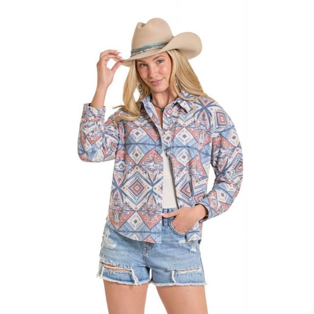Rock & Roll Denim Women's Navy Distress Aztec Print Knit Shirt