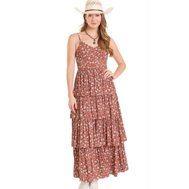 Rock & Roll Denim Women's Rust Crinkle Flower Print Tiered Dress