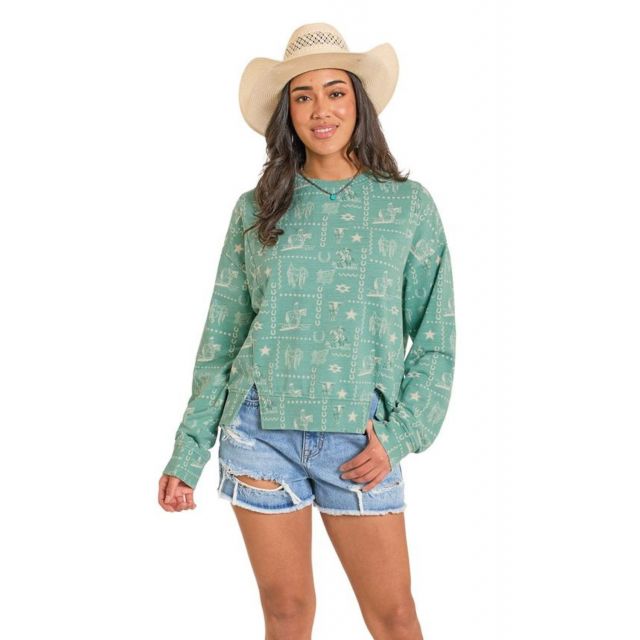 Rock & Roll Denim Women's Turquoise Conversational Print Pullover