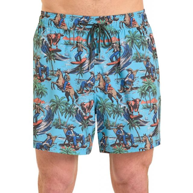 Rock & Roll Men's Turquoise Tropical Cowboy Print Lined Short