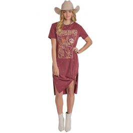 Rock & Roll Cowgirl Wine Midi Women's Tee Shirt Dress - L